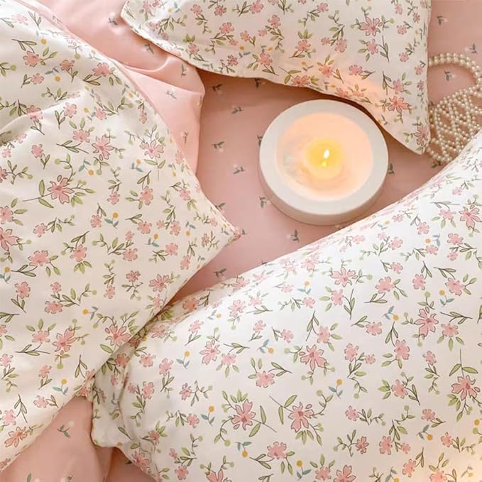 Floral Duvet Cover Queen Size Spring Pink Floral Bedding Set 3Pcs Kids Boys Girls Botanical Garden Aesthetic Flower Coquette Comforter Cover with Zipper Closure and 2 Pillowcase