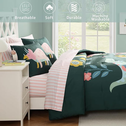 Queen Comforter Sets for Girls, Dinosaur Kids Bedding Set with Cute Floral, All Season Boys Teen Bed in a Bag 7 Pieces with Sheets, Pillowcases & Shams