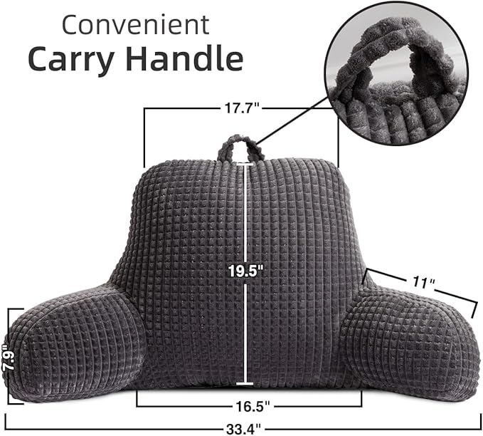 Holawakaka Reading Pillow for Bed and Sofa Couch Sitting Up, Backrest Pillows with Arms for Kids Teens Adults, Back Support Cushion for Lounging, Watching TV, Working on Laptop, Dark Grey
