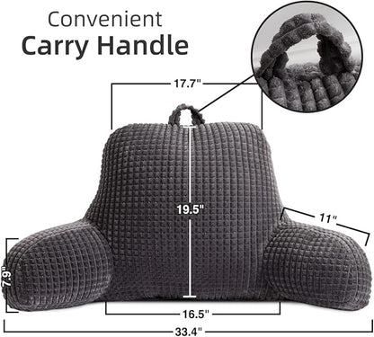 Holawakaka Reading Pillow for Bed and Sofa Couch Sitting Up, Backrest Pillows with Arms for Kids Teens Adults, Back Support Cushion for Lounging, Watching TV, Working on Laptop, Dark Grey