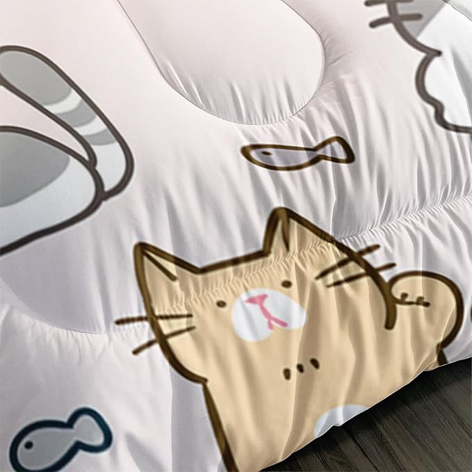 Kids Cute Cat Comforter Set Full Size 3Pcs Cartoon Pet Cat Fishing Bedding Set Lovely Animal Quilt Bed Set for Children Girls Boys Room Decor