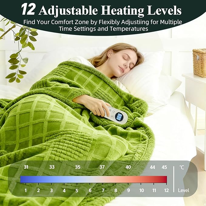 Heated Blanket Electric Throw, 50"X60" Heating Blanket Waffle with 12 Heat Levels, Fast Heating Blanket with 1-12H Timer, Overheat Protection with ETL & FCC for Bed Home Office Sofa (Tender Green）