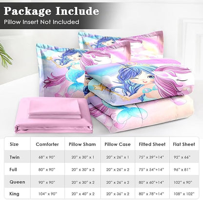 Twin Size Comforter Set with Pillowcase & Sham, Cute Unicorn Mermaid 5 Pcs Bedding for Kids and Teens, Love Kids Rainbow Bed in a Bag with Flat Fitted Sheet