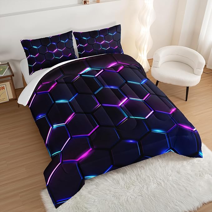 Hexagon Geometric Comforter Honeycomb Bedding Sets,Gradient Neon Gamer Comforter Sets for Boys Kids Teens Room Decor,Twin Size Bedding Comforter Sets with 2 Pillowcases.