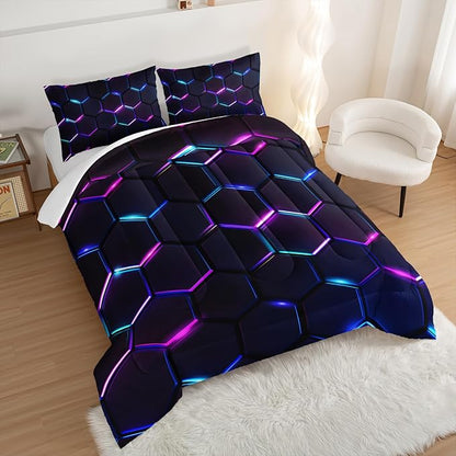 Hexagon Geometric Comforter Honeycomb Bedding Sets,Gradient Neon Gamer Comforter Sets for Boys Kids Teens Room Decor,King Size Bedding Comforter Sets with 2 Pillowcases.