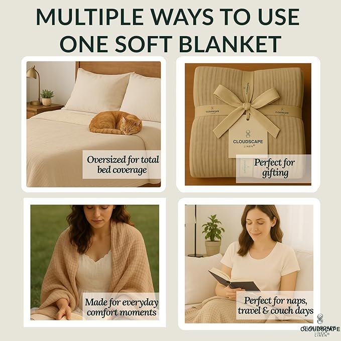 Cloud Scape Linen 100% Cotton 8 Layer Twin Size Muslin Blanket - Breatheable and Soft Winter Blanket for Bed, Couch and Sofa, Oversized Fits up to Twin XL, Best Gift Idea, 68x92, Fog