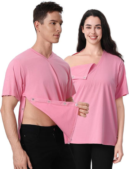 Magnetic Buttons Post Shoulder Surgery Recovery Shirt for Men V-Neck Tear Away Adaptive Chemo Port Clothing for Women