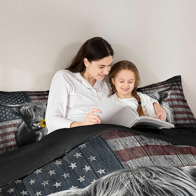 Feelyou Highland Cattle Bedding Set Sunflower Highland Cow Comforter Set for Kids Boys Girls America Flag Bull Comforter Animal Quilt Set 1 Comforter Set with 2 Pillowcases Queen Size