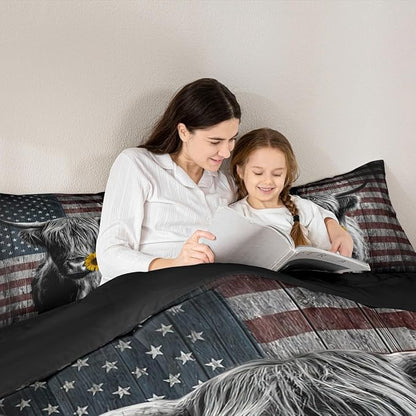Feelyou Highland Cattle Bedding Set Sunflower Highland Cow Comforter Set for Kids Boys Girls America Flag Bull Comforter Animal Quilt Set 1 Comforter Set with 2 Pillowcases Queen Size
