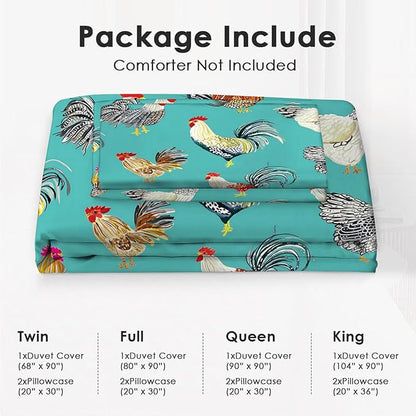 Farmhouse Chicken Theme 3 Pieces Duvet Cover Comforter Set with 2 Pillowcase Full Size Farm Rooster Bed Sheet Quilt Bedroom Bedding for Lover Kids