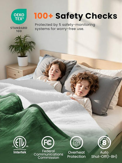 Electric Heated Blanket Queen, Ultra‑Cozy Premium Flannel & Sherpa, Even Heat Distribution & Stable Temp, 1–10H Auto‑Off, 8 Temps (86–125.6°F), Overheat Protection, Ideal Gifts for Grandma