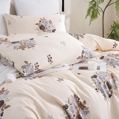 Cream Floral Duvet Cover King Size - 100% Cotton Comforter Cover Elegant Flower Botanical Duvet Cover Sets 3-PC, Breathable Duvet Cover with Zipper Closure & Corner Ties