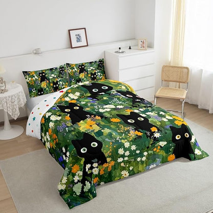Castle Fairy Cute Cats Kids Comforter Set Twin Size,Watercolor Flowers Green Leaves Plant Reversible Bedding Sets for Teens Bedroom Decor,Black Kawaii Animal Oil Painting Quilted Duvet,1 Pillowcase