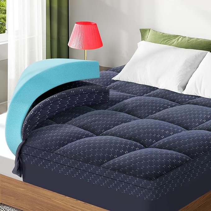 Dual Layer 3 Inch Memory Foam Mattress Topper California King Size, 2 Inch Gel Memory Foam Plus 1 Inch Cooling Pillow Top Mattress Pad Cover, with 8-21 Inch Deep Pocket, Navy Blue