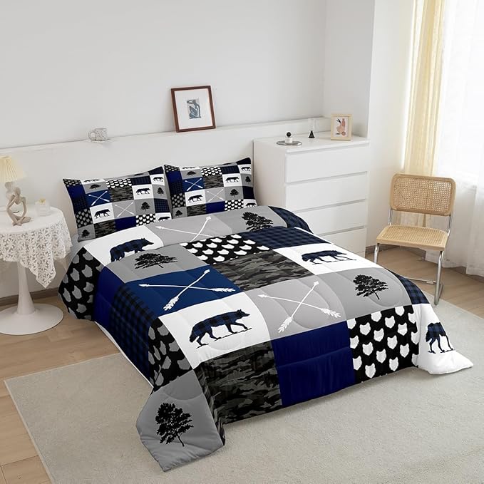 Feelyou Camo Comforter Set Toddler Size Rustic Comforter for Boys Girls Teens Woodland Wolf Bedding Set Camping Quilt Set Hunting Adventure Duvet Set Fashion