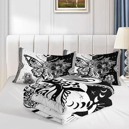 Black White Butterfly Comforter Set - Bohemian Printed Bedding Set with 1 Comforter and 2 Pillowcases for Boys and Girls Bedroom - All Season (Queen)