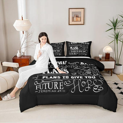 Feelyou Kids Vintage Bible Verse Comforter Set Christian Bible Verse Jeremiah Comforter Set for Boys Children Teens Bedroom Decor Modern Comforter Black Duvet Set Full Size with 2 Pillow Case