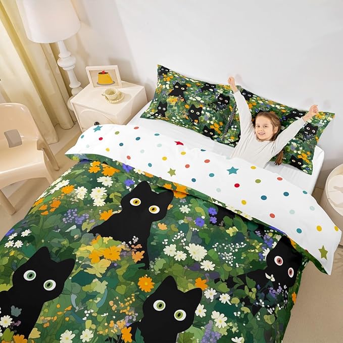 Cute Cats Bedding Sets Toddler Size,Watercolor Flowers Green Leaves Plant Reversible Duvet Cover 2Pcs for Kids Bedroom,Black Kawaii Animal Oil Painting Quilt Cover,1 Pillowcase (No Comforter)