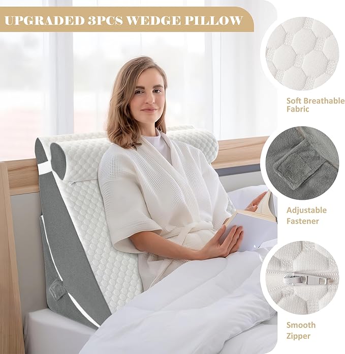 Bed Wedge Pillow for Sleeping, Adjustable Wedge Pillow Set for After Surgery, Elevated Triangle Pillow for Acid Reflux and Back Pain Relief, Post Surgery, Sleep Apnea, Back Suppor