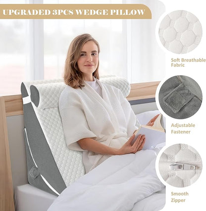 Bed Wedge Pillow for Sleeping, Adjustable Wedge Pillow Set for After Surgery, Elevated Triangle Pillow for Acid Reflux and Back Pain Relief, Post Surgery, Sleep Apnea, Back Suppor