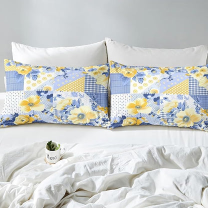 Castle Fairy Retro Flowers Duvet Cover Set Full Size,Yellow Blue Floral Botanical Comforter Cover with 2 Pillowcases,Plaid Dots Paisley Geometric Breathable Bedspread for Boys Teens,Pillow Sham