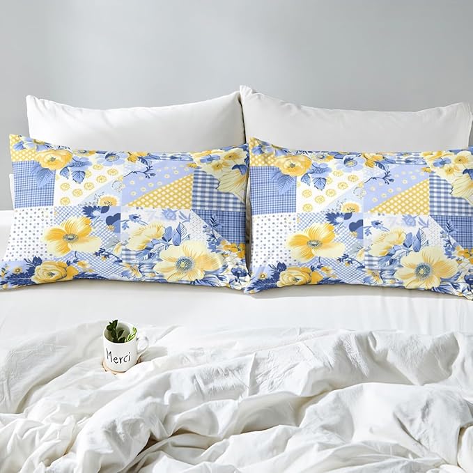 Castle Fairy Retro Flowers Duvet Cover Twin Size,Yellow Blue Floral Botanical Comforter Cover Set for Kids Boys Girls,Plaid Dots Paisley Geometric Bedding Quilt Cover Set Bedroom Decor, 2 Pieces