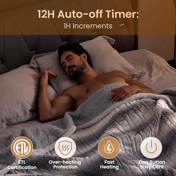 Bearhug Electric Blanket Full Size 77" x 84", 10 Heat Settings Heated Blanket, 1-12 Hour Auto Shut-Off, Faux Fur & Sherpa Dual-Sided Heating Blanket, Machine Washable, Gift-Ready Elegant Packaging