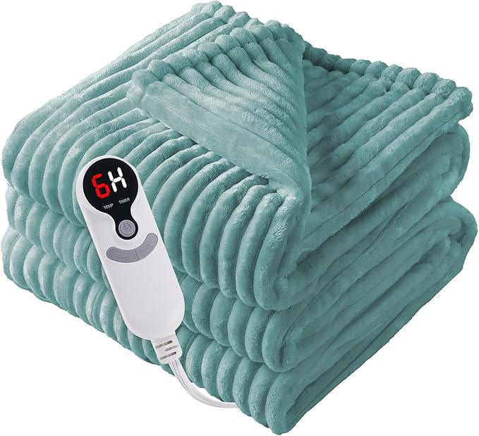 Electric Heated Blanket 62"x84" Twin Size with Cozy Flannel, 6 Heat Settings & 10 Hours Auto Off, Soft & Cozy Warming Throw for Home, Office, or Bed, Machine Washable, Bean Green