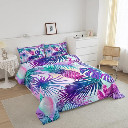 Feelyou Cartoon Pineapple Comforter Palm Leaves Bedding Set for Kids Boys Girls Tropical Botanical Comforter Set Watercolor Purple Blue Decor Quilt Set Bedroom Collection 3Pcs Queen Size