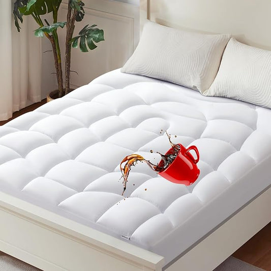 Unikome Waterproof Mattress Pad Queen Size, Ergonomic Quilted Mattress Topper – Soft Breathable Bed Cover with Deep Pocket (Fits 8-21 Inches), Noiseless Durable and Machine Washable (White, 60x80)
