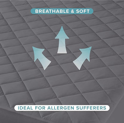 Bare Home Twin Quilted Fitted Mattress Pad - Cooling Mattress Cover - Easily Washable - Elastic Fitted Cover for Mattress - Stretch-to-Fit up to 15 Inches Deep (Twin, Grey)