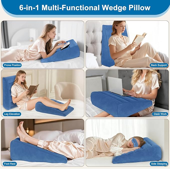 TheClover Inflatable Wedge Pillow for Traveling & Sleeping - 8 Inch Bed Wedge Pillow for Acid Reflux, Snoring, Back Support, Sleeping Upright After Surgery,Portable Inflatable Pillow with Eye Mask