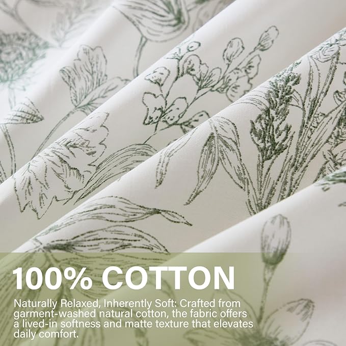Duvet Cover Set King Size 100% Nature Cotton Reversible Botanical King Duvet Cover Set 3 Pieces Soft & Breathable Bedding Set with Zipper Closure & Corner Ties