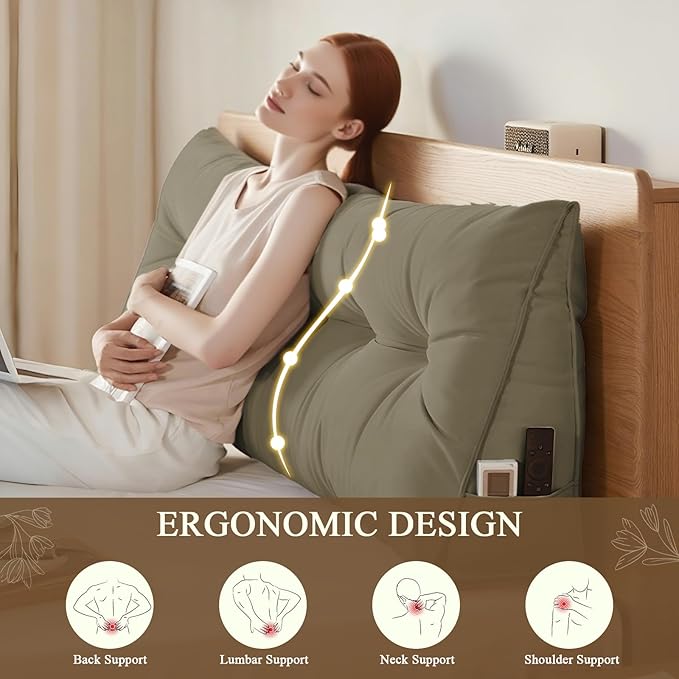 Headboard Pillow King, Large Triangular Wedge Headboard Pillow for Reading and Resting, Backrest Positioning Support Pillow with Removable Cover (Khaki)