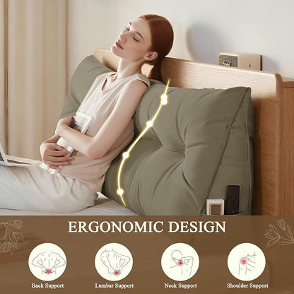 Headboard Pillow King, Large Triangular Wedge Headboard Pillow for Reading and Resting, Backrest Positioning Support Pillow with Removable Cover (Khaki)