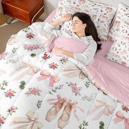 Feelyou Pink Flower 7 Piece Bedding Set Exquisite Dance Shoes Comforter Set with Sheets for Kids Boys Girls Gentle Bow Bed in a Bag Princess Style Bed Set Soft Lightweight