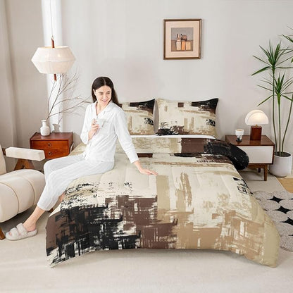 Feelyou Abstract Bedding Set Kids Modern Abstract Art Comforter Set Brown Grey Black Comforter for Boys Room Decor Lightweight Duvet Set Full Size with 2 Pillow Case