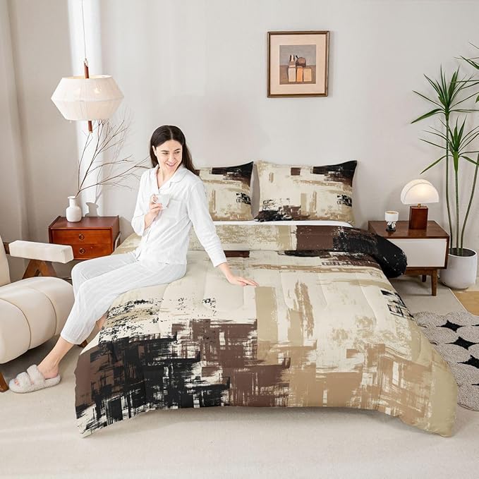 Feelyou Abstract Bedding Set Kids Modern Abstract Art Comforter Set Brown Grey Black Comforter for Boys Room Decor Lightweight Duvet Set Twin Size with 1 Pillow Case
