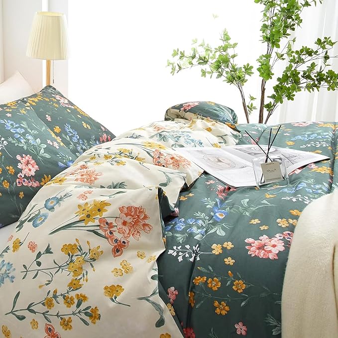 Floral Duvet Cover Full Size Vintage Floral On Green Bedding Set 3 Pieces Women Men Romantic Pink Blue Flower Ultra Soft Reversible Fall Duver Cover with 2 Pillowcases