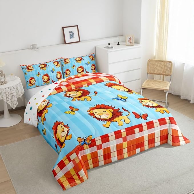 Cartoon Lion Comforter Set Toddler Size Cute Butterfly Bedding Set Bedroom Decor Tropical Jungle Animal Quilt Set for Kids Boys Girls Watercolor Geometric Grid Duvet Insert 2Pcs