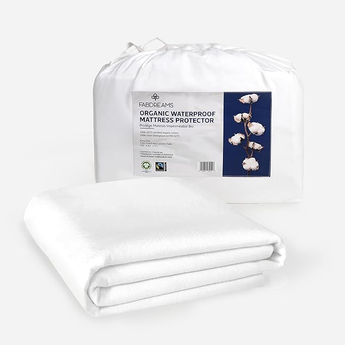 Fabdreams Organic Cal King Size Waterproof Mattress Protector, 74" x 86", White, Temperature Regulating, Breathable, 100% Organic Cotton