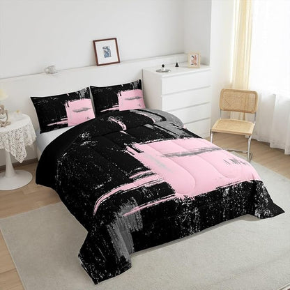 Pink Black Abstract Duvet Quilt Twin Size Geometric Bedding Set for Kids Boys Girls Decor Modern Art Comforter Set Breathable Soft Lightweight Microfiber Buffalo Check Bedroom Decor Bedclothes
