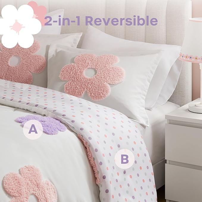 Intelligent Design Kids Full Comforter Set for Girls, Tufted Chenille Floral Comforter Set Queen, Lightweight Polka Dot Reversible Bed Set, Shams, Pillow, Gracie, Full/Queen White/Purple 4 Piece