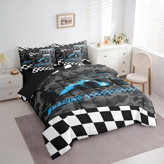 Feelyou Blue Racing Car 7 Piece Bedding Set King Size Kids Boys Cartoon Race Car Comforter Set with Sheets for Teens Toddler Extreme Sports Bed in a Bag Camouflage Bed Set