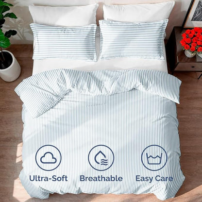 Duvet Cover King Size Set - Extra Soft Floral Duvet Cover 104 x 90 with 2 Pillow Shams - Comfy, Cozy, Breathable Floral Bedding Set - Hotel Luxury & Fade Free with Zipper Closures & Ties - Sky Stripe