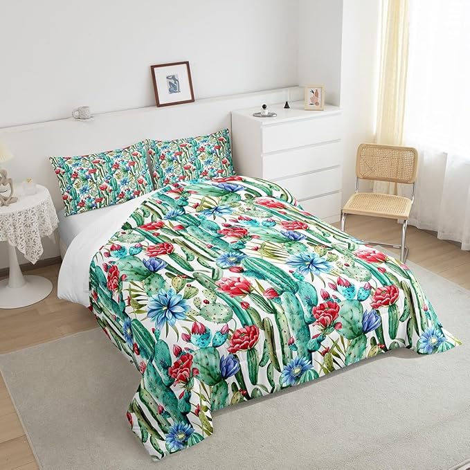 Cactus Flowers Comforter Set King Size for Kids Desert Green Botanical Bedding Sets All Season Bohemia Exotic Rustic Quilt Set Bedroom Decor Western Farmhosue Down Comforter,3Pcs