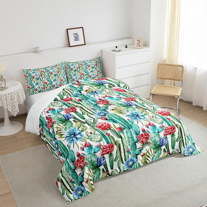 Cactus Flowers Comforter Set Queen Size for Kids Desert Green Botanical Bedding Sets All Season Bohemia Exotic Rustic Quilt Set Bedroom Decor Western Farmhosue Down Comforter,3Pcs