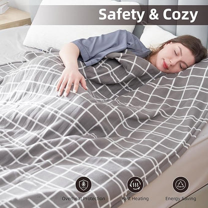 Electric Heated Blanket Queen Size 84"x90", 4 Heating Levels & 10H Auto Shut Off, Dual-Control, Soft Fleece, Machine Washable, Light Gray Plaid