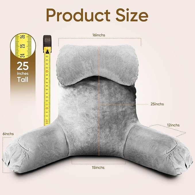Reading Pillow for Sitting in Bed Adult, Reading Pillow with Shredded Memory Foam (LightGery, Extra Large 25" H)
