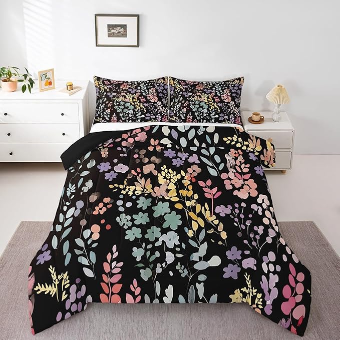 Erosebridal Colorful Floral King Bedding Set for Girls Boys Kids,Cute Boho Flower Comforter Set Rustic Home Decor,Funky Watercolor Wildflower Quilt Bed Set Bohemian Flowers Bed Comforter Set 3Pcs